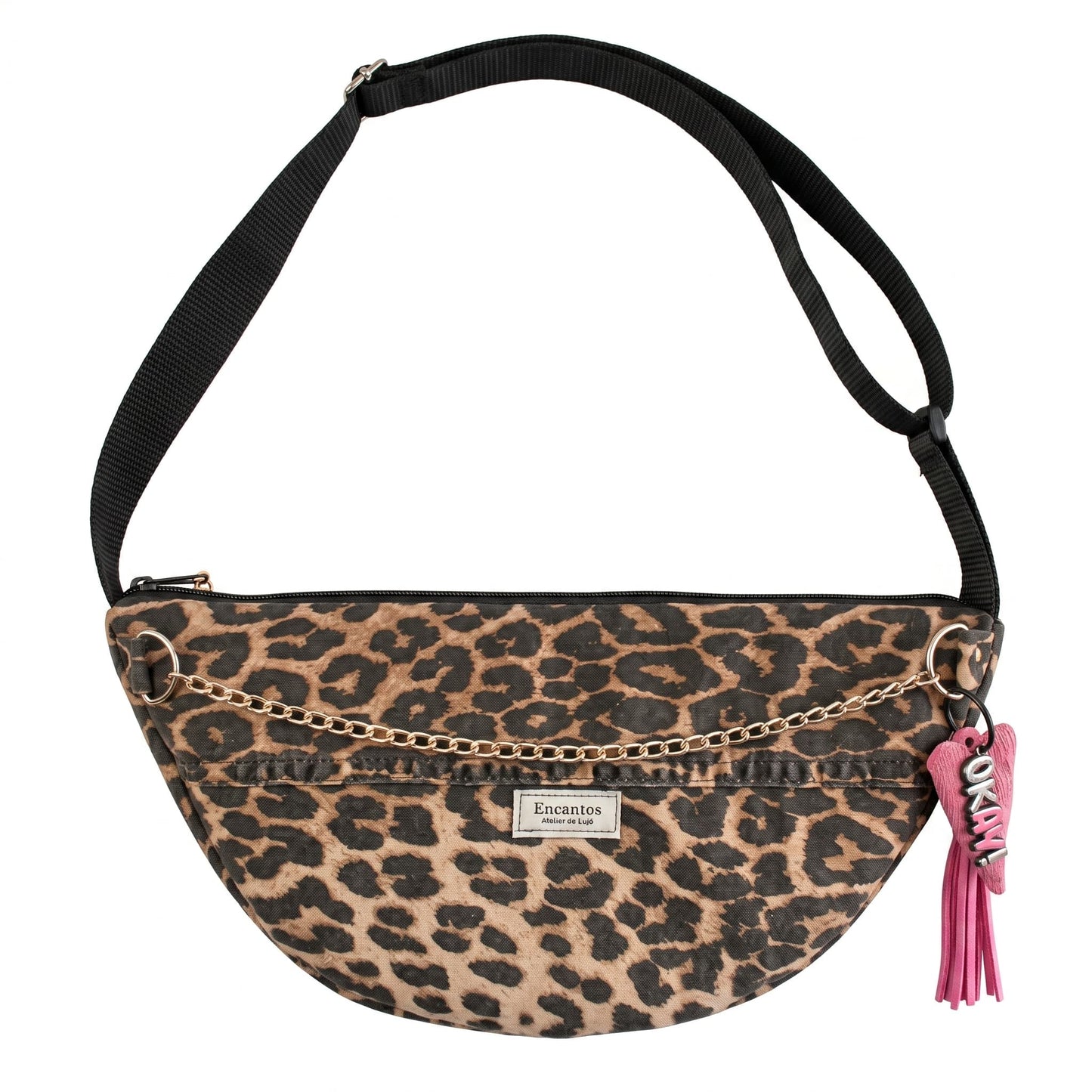 Bolso Animal Print leopardo vista frontal con cadena dorada y colgante rosa