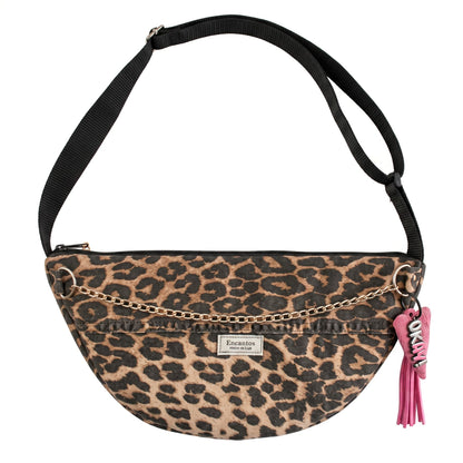 Bolso Animal Print leopardo vista frontal con cadena dorada y colgante rosa