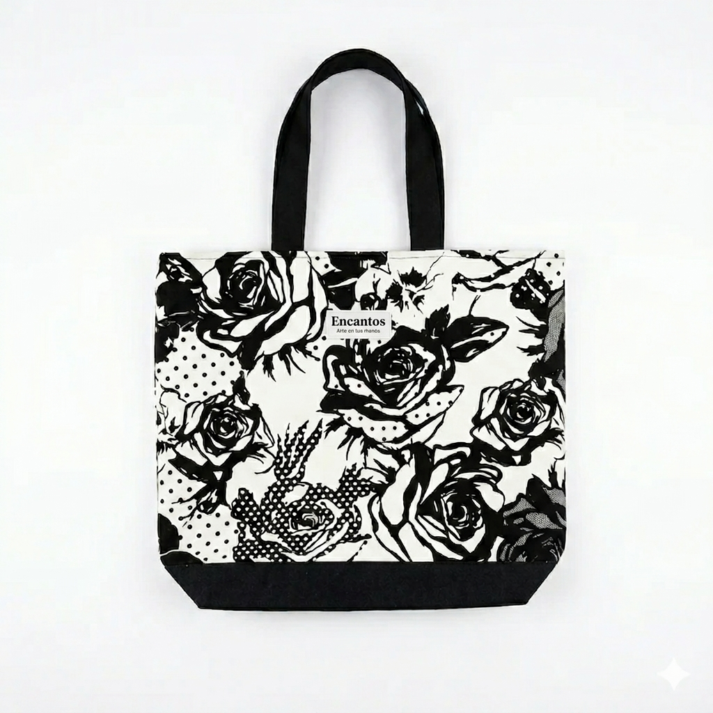 Bolsa Tote Rosas Noir | Encantos con diseño en blanco y negro de rosas estilizadas, asas negras y base reforzada, ideal para uso diario con estilo elegante.