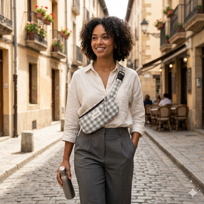 Mujer sonriente caminando por calle empedrada, lleva puesta la Riñonera Vichy Beige — Encantos a cuadros beige y blanco, combinada con camisa clara y pantalones grises.