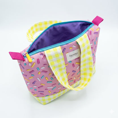 Bolso Colección Carolina Estampado Sprinkles Rosa artesanal, vista lateral hecho a mano | Encantos
