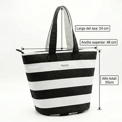 Bolso Tote Rayas Blanco y Negro artesanal en tela de rayas hecho a mano
