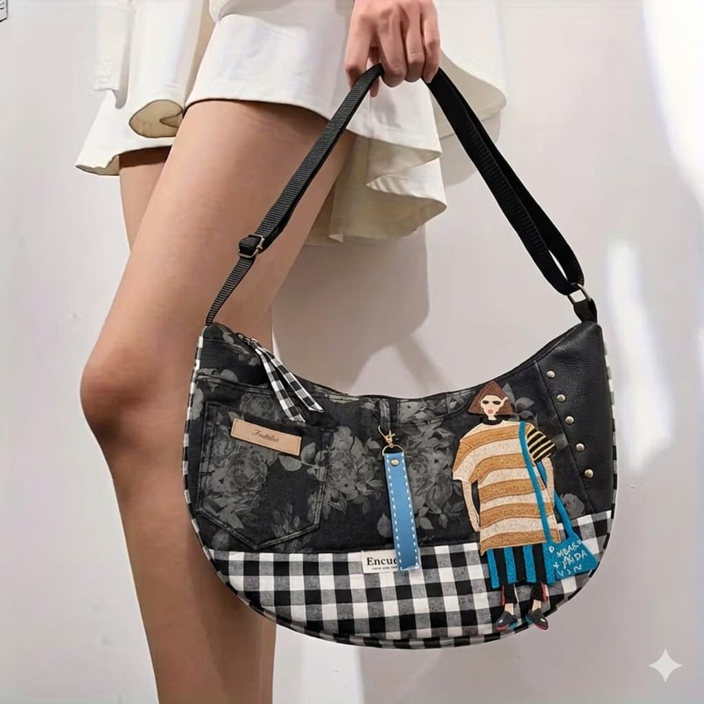 Bolso Luna Flores & Vichy Negro — Encantos con diseño combinado de flores negras y cuadros vichy, decorado con figura ilustrada de mujer y detalles metálicos.