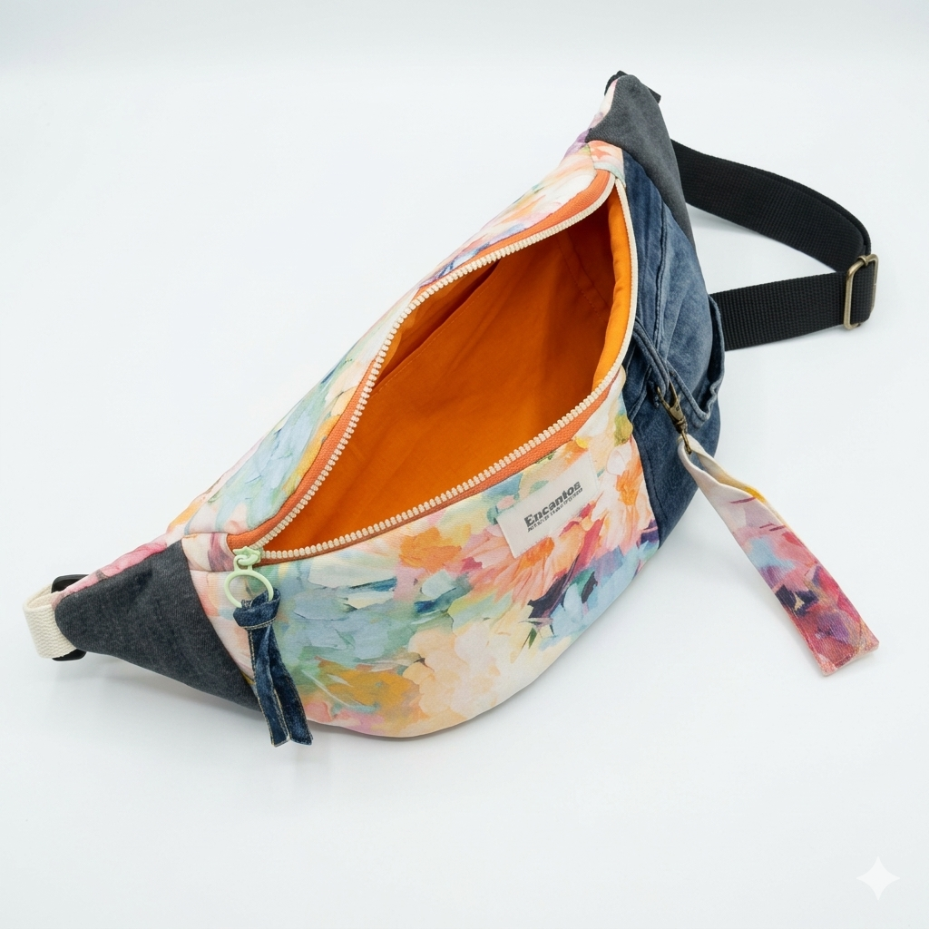 Riñonera Floral Denim con diseño de flores en tonos pastel, interior naranja y detalles en mezclilla, ideal para un estilo casual y cómodo.