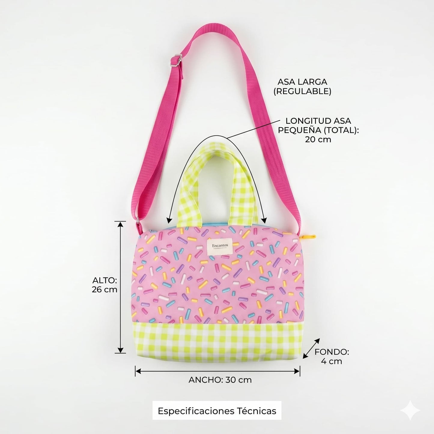 Bolso Colección Carolina Estampado Sprinkles Rosa artesanal, medidas
