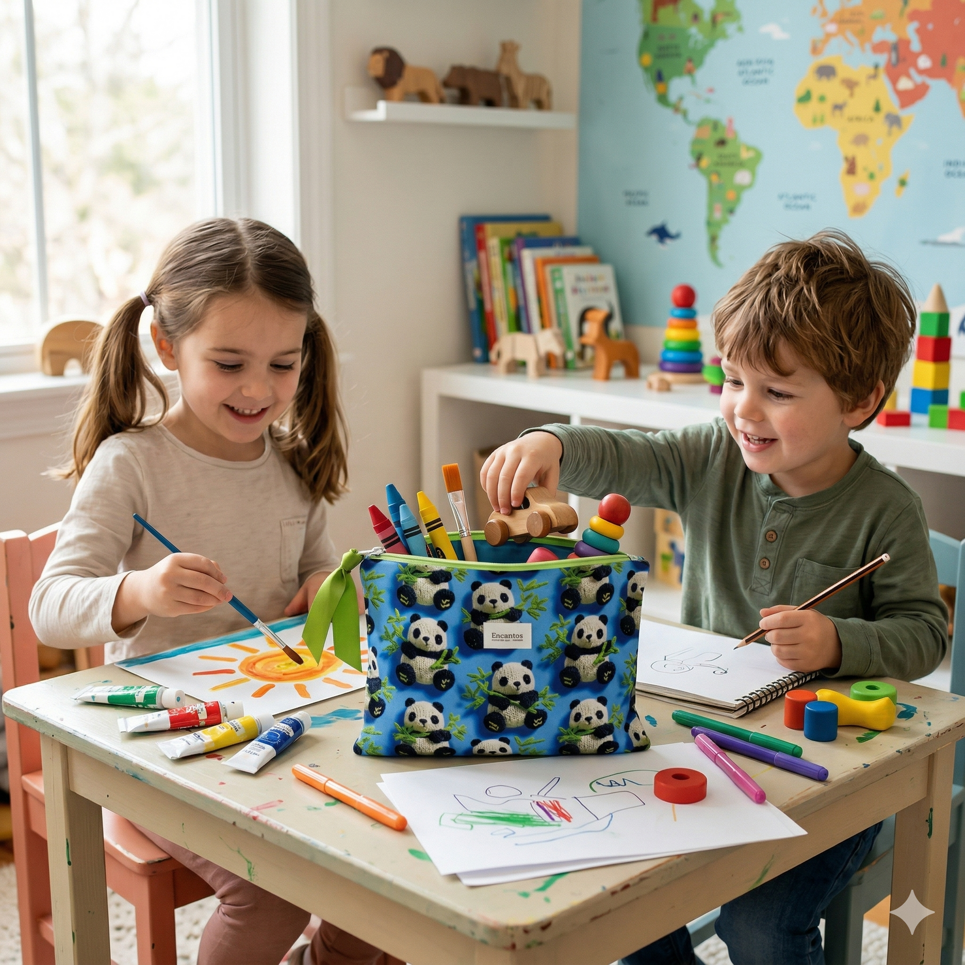 Niños pintando y jugando en una mesa con materiales de arte, junto al Neceser Pandas Bambú | Encantos decorado con dibujos de pandas y bambú.