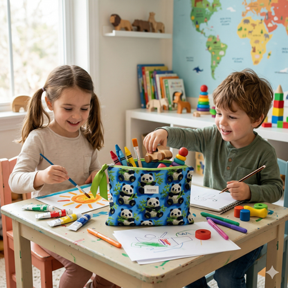 Niños pintando y jugando en una mesa con materiales de arte, junto al Neceser Pandas Bambú | Encantos decorado con dibujos de pandas y bambú.