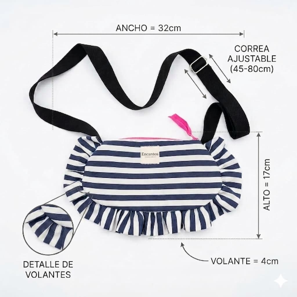 Bolso cruzado Luna marinero - medidas: 32cm ancho, 17cm alto, volante 4cm, correa ajustable 45-80cm