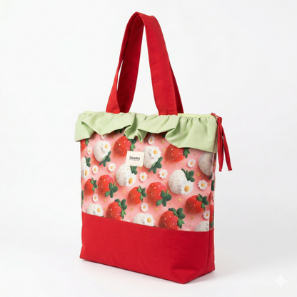 Bolso Tote Fresas con Volante Verde con diseño de fresas rojas y blancas, volante verde y asas rojas, ideal para uso diario y estilo casual.