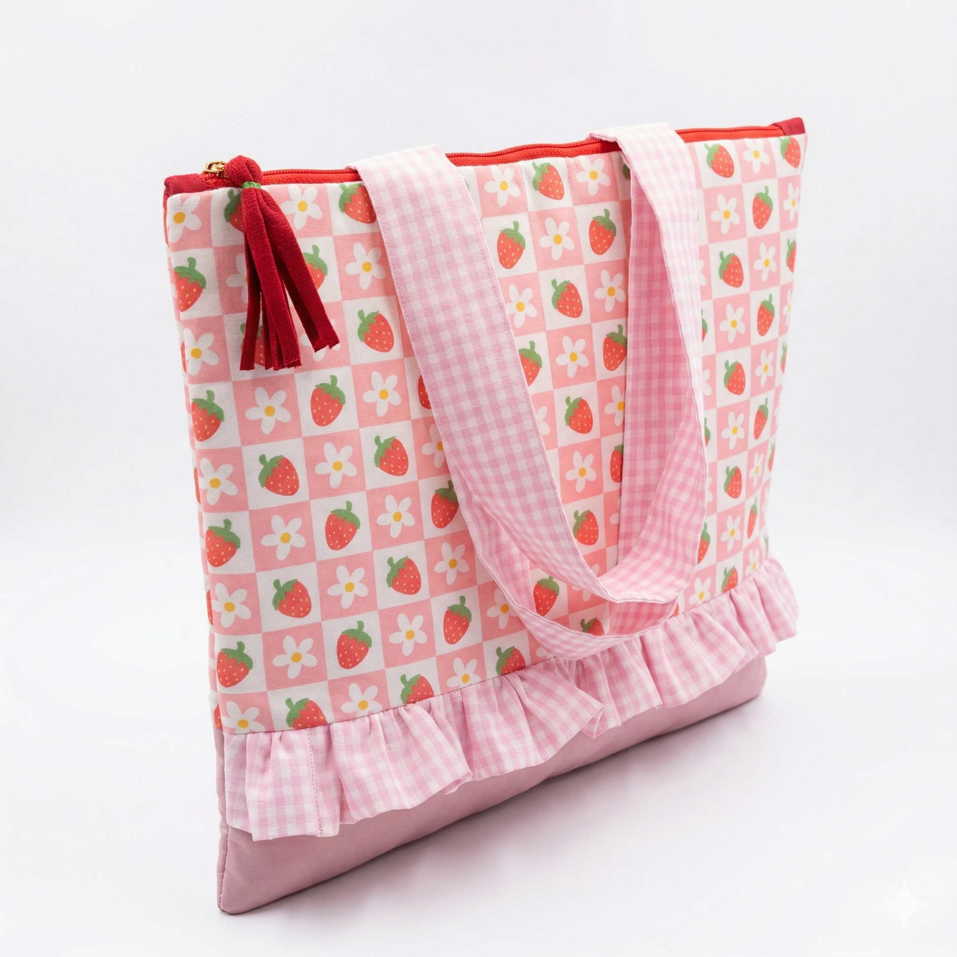 Bolso Tote Fresas y Margaritas con Volantes en diseño rosa con estampado de fresas y margaritas, asas de tela a cuadros y detalle de volantes en la parte inferior.