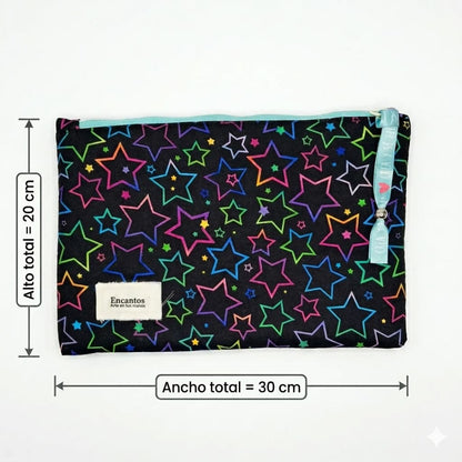 Neceser artesanal negro con estampado de estrellas en colores neón, hecho a mano, Encantos