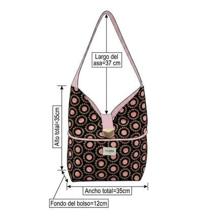 Bolso Hobo Círculos Rosa & Negro | Encantos con diseño circular en tonos rosa y negro, correa ancha rosa y detalle metálico decorativo en la parte frontal. Medidas
