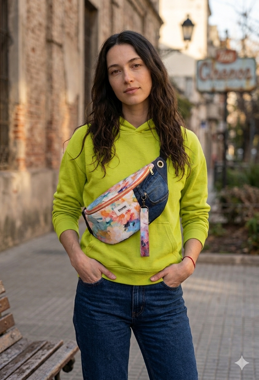 Mujer con sudadera verde y pantalón azul usando una riñonera Floral Denim con diseño de flores coloridas y detalles en mezclilla, en un entorno urbano.
