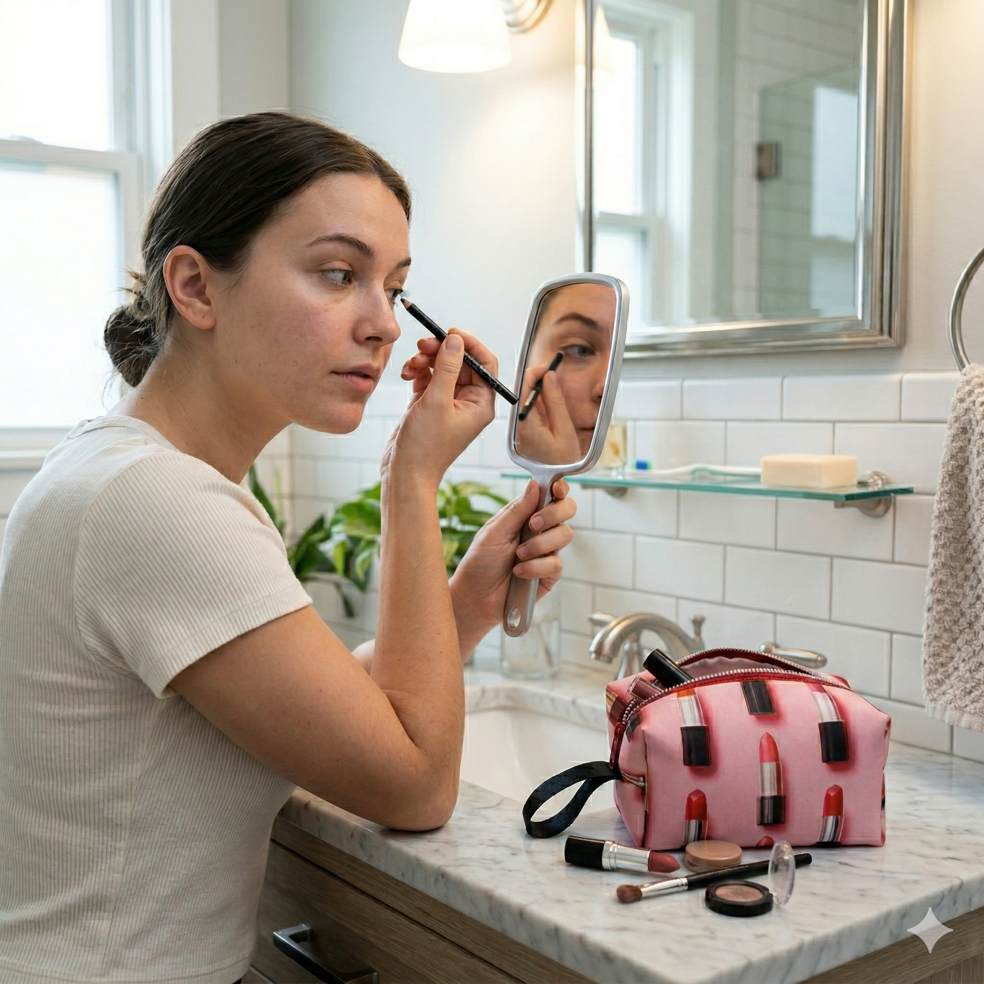 Mujer aplicándose maquillaje frente al espejo en baño, con un Neceser Labiales Love | Encantos rosado sobre el lavabo junto a varios productos de maquillaje.