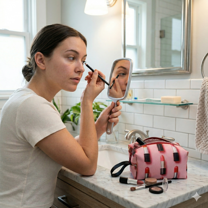 Mujer aplicándose maquillaje frente al espejo en baño, con un Neceser Labiales Love | Encantos rosado sobre el lavabo junto a varios productos de maquillaje.