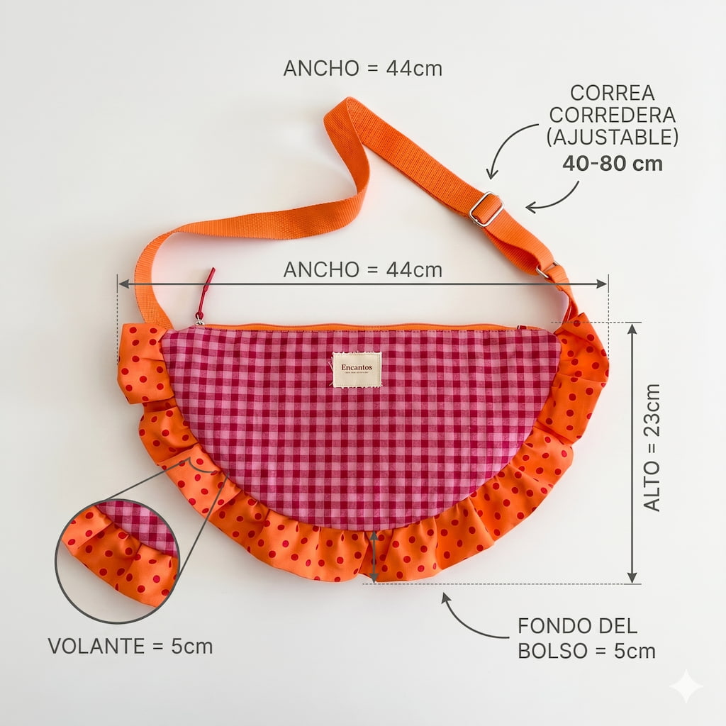 Bolso Media Luna Vichy Rosa con Volante Lunares Naranja - medidas