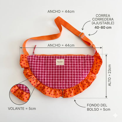 Bolso Media Luna Vichy Rosa con Volante Lunares Naranja - medidas