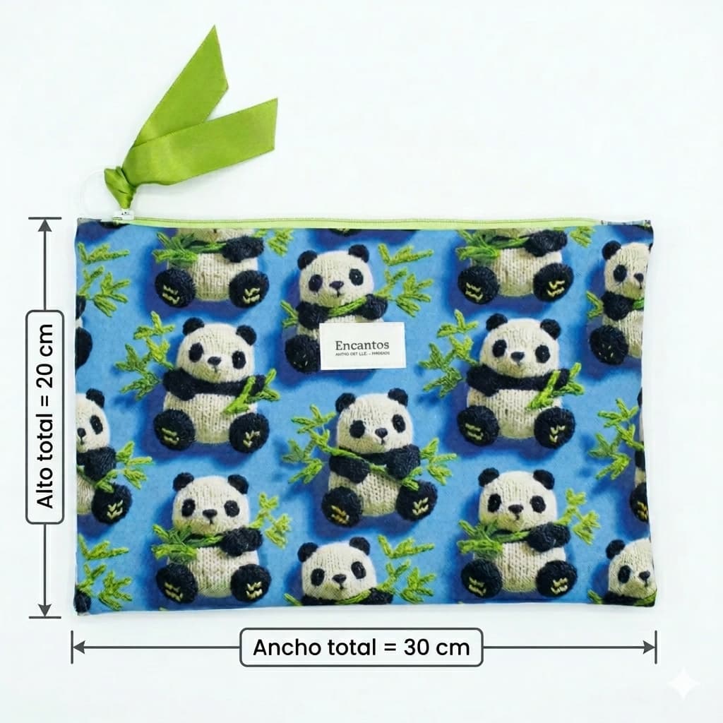 Neceser artesanal azul con estampado de pandas y bambú estilo kawaii, hecho a mano, Encantos