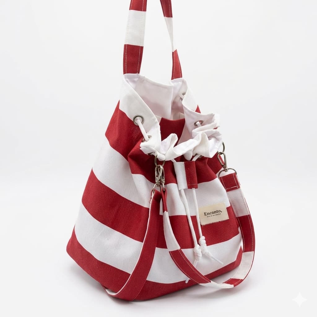 Bolso saco artesanal con rayas granate y blanco, detalle de tejido