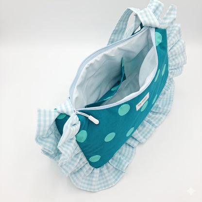 Bolso hobo con volantes lunares teal - interior con cremallera