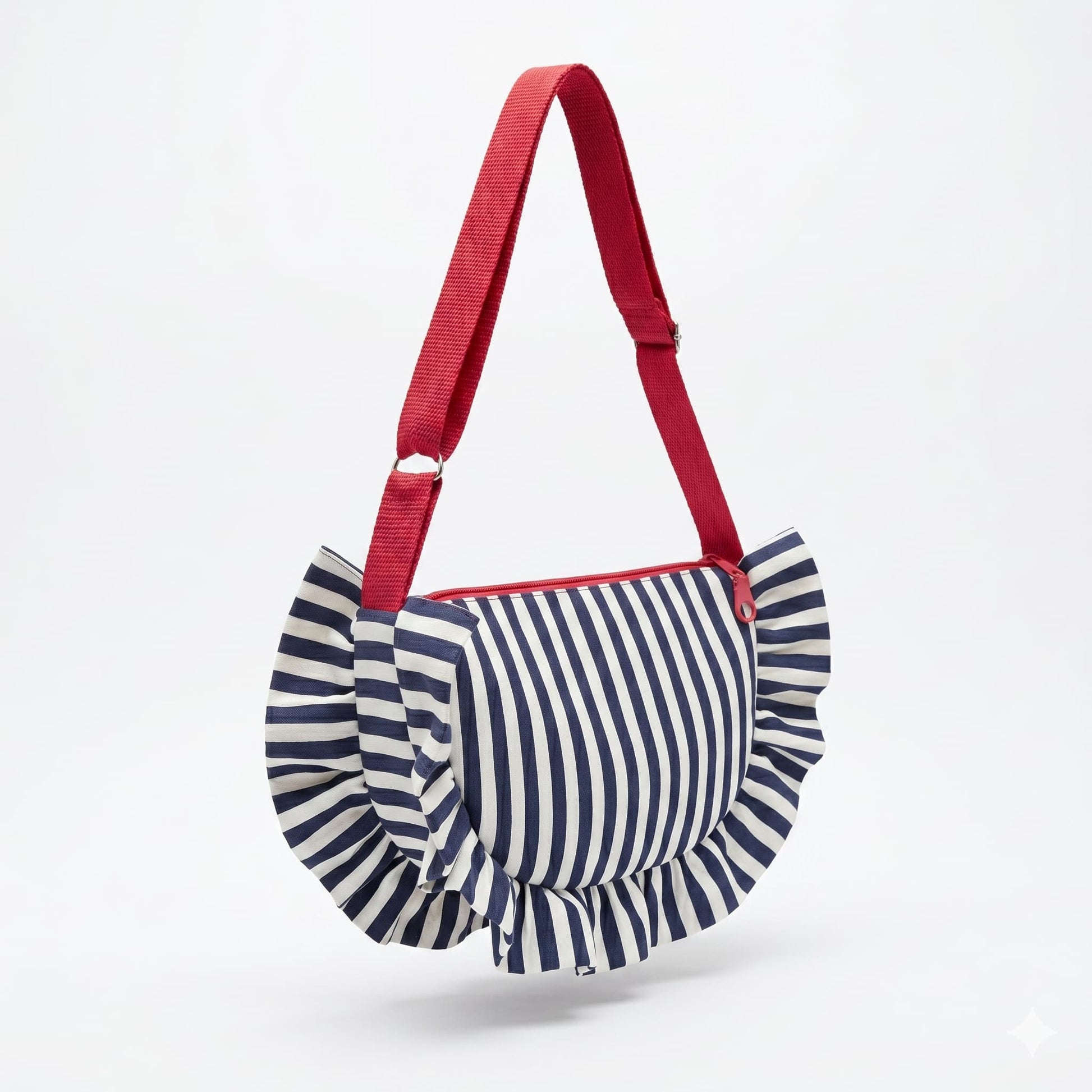 Bolso artesanal HALF MOON de Encantos, silueta media luna con volante perimetral en tela de rayas azul marino y blanco, asa larga regulable en rojo coral y cremallera roja

