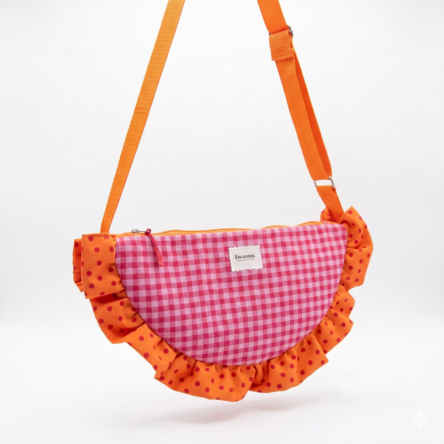 Bolso Media Luna Vichy Rosa con Volante Lunares Naranja - detalle volante