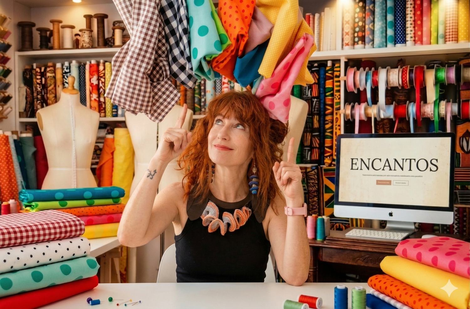 Mujer pelirroja en taller de costura rodeada de telas de colores y rollos de cintas, señalando hacia arriba con ambas manos mientras sonríe.