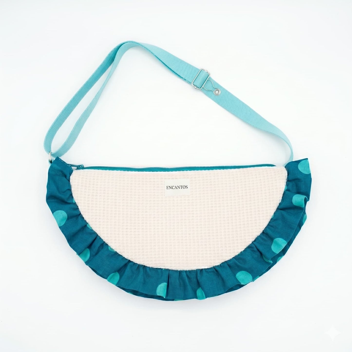 Bolso Media Luna Muselina Crema con Volante Lunares Teal - frontal fondo blanco