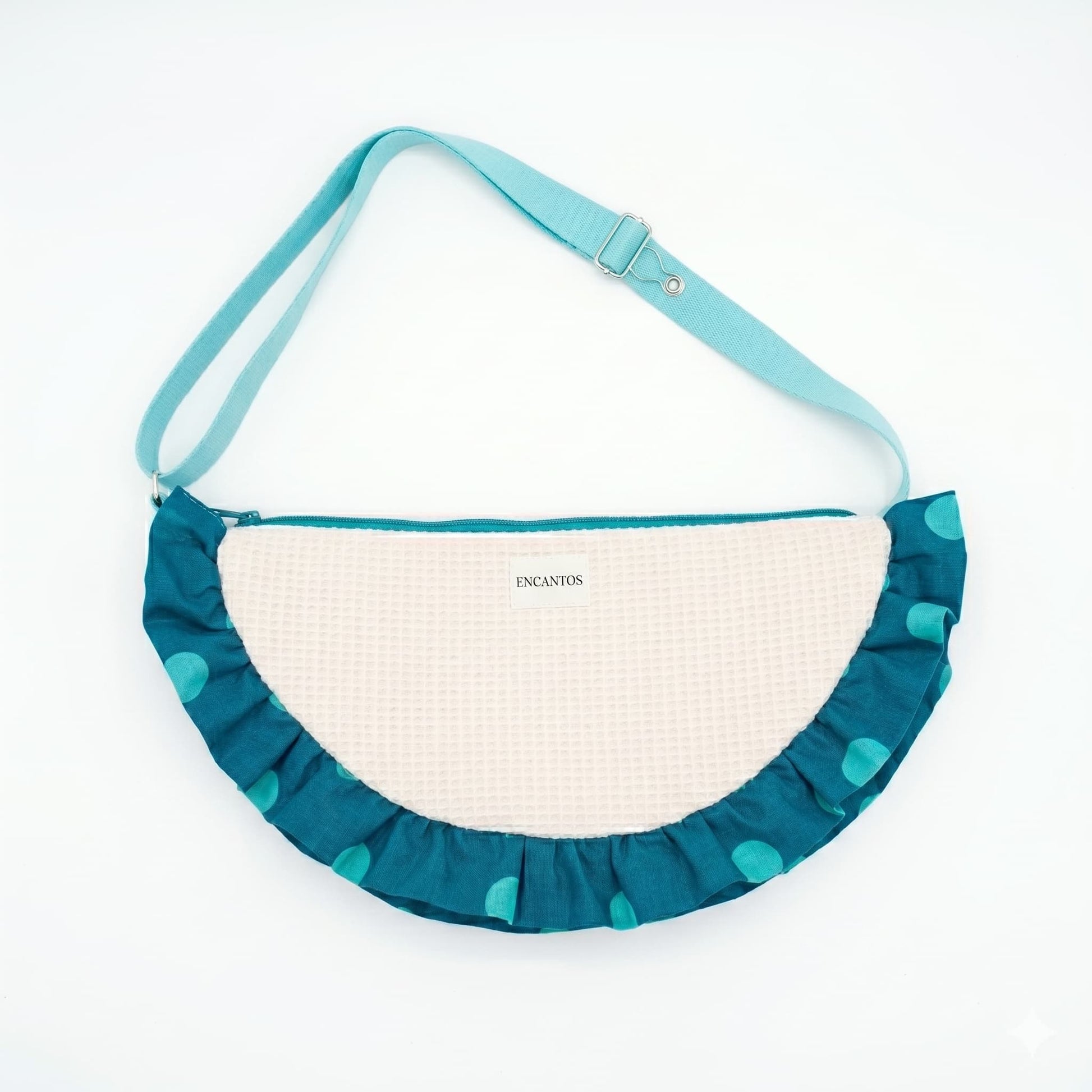 Bolso Media Luna Muselina Crema con Volante Lunares Teal - frontal fondo blanco
