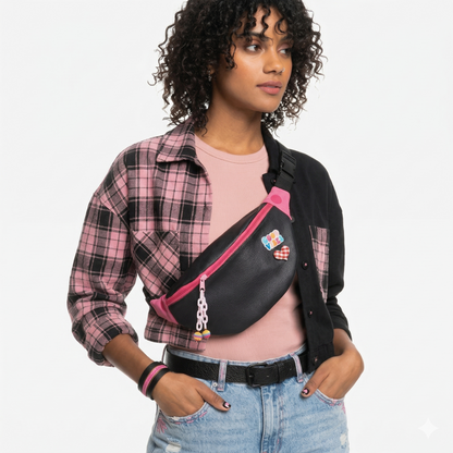 Mujer usando una Riñonera Corazón Vichy Negro & Rosa | Encantos, con diseño de cuadros negro y rosa, detalles en rosa y accesorios decorativos, combinada con ropa casual.