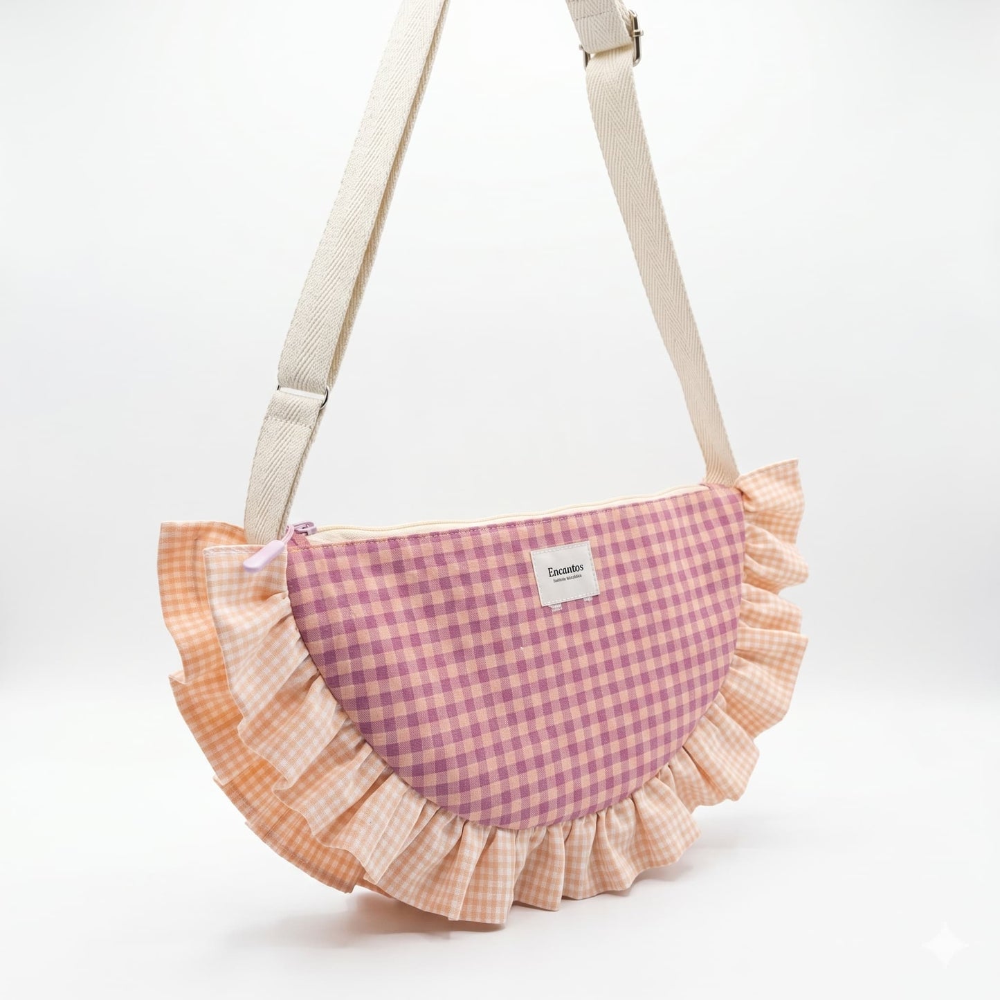 Bolso Media Luna Vichy Rosa Malva y Crema - lateral con correa