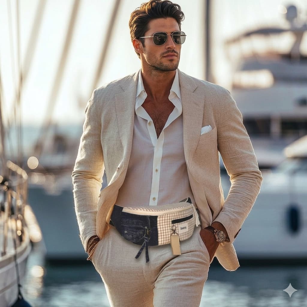 Hombre elegante con traje claro y gafas de sol luciendo una Riñonera Gingham Denim de estilo moderno y combinado en tonos azul y beige.
