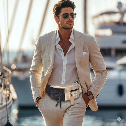 Hombre elegante con traje claro y gafas de sol luciendo una Riñonera Gingham Denim de estilo moderno y combinado en tonos azul y beige.