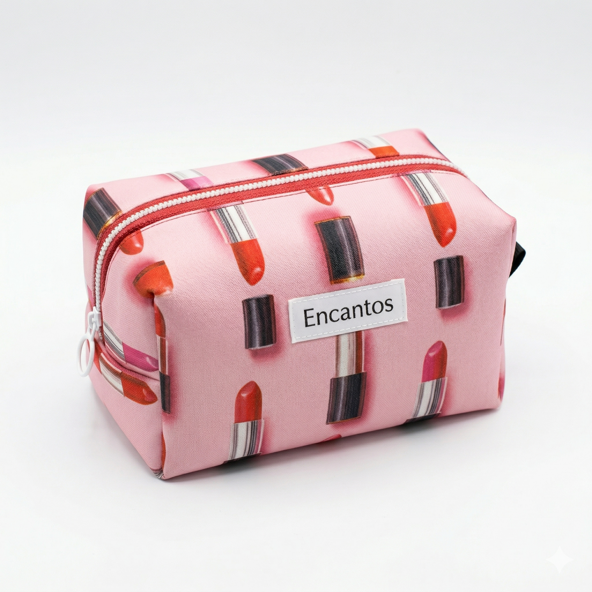 Neceser Labiales Love | Encantos de color rosa con estampado de labiales y cierre blanco, ideal para organizar productos de maquillaje.