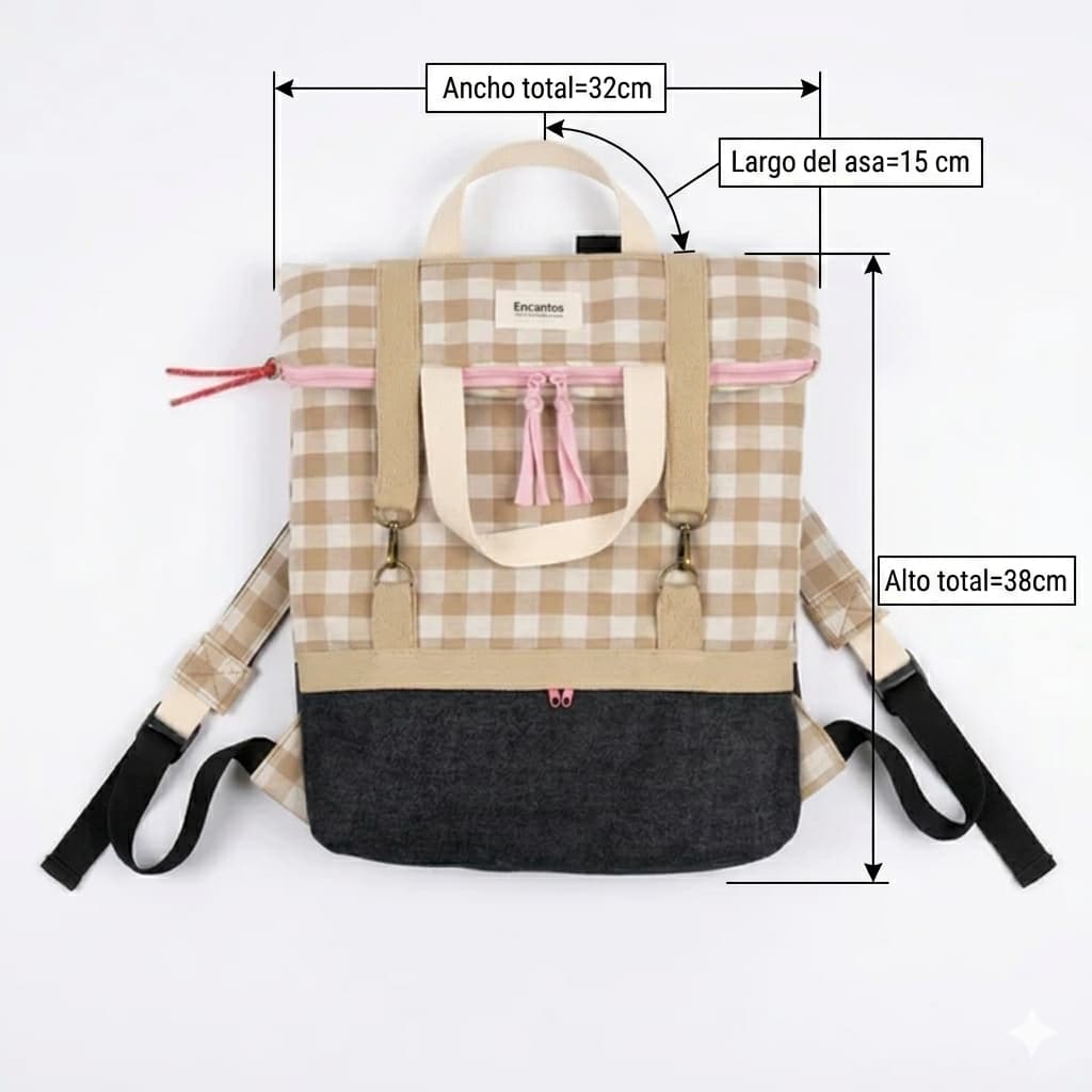 Mochila Vichy Rosa artesanal en tela de cuadros rosa hecha a mano, vista lateral | Encantos
