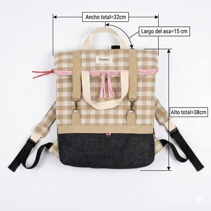 Mochila Vichy Rosa artesanal en tela de cuadros rosa hecha a mano, vista lateral | Encantos