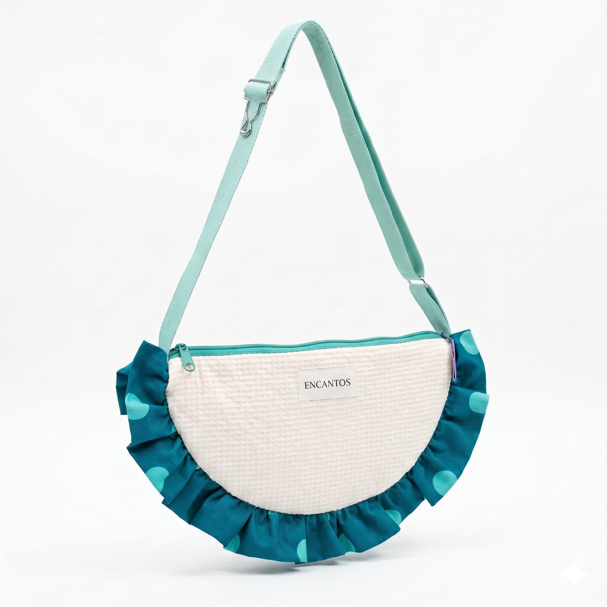 Bolso Media Luna Muselina Crema con Volante Lunares Teal - lateral con correa