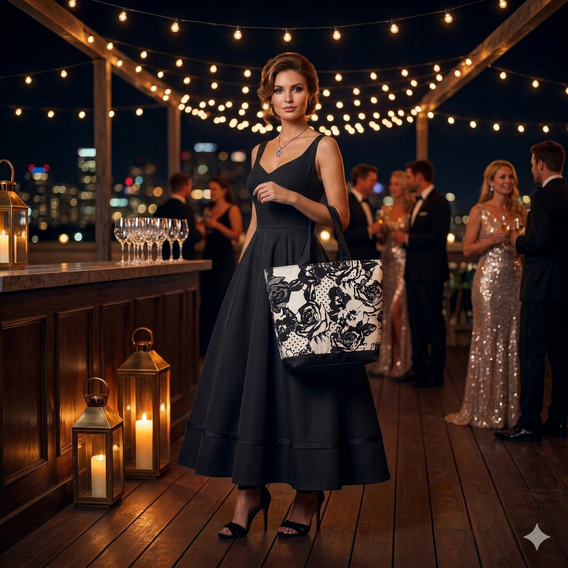 Mujer elegante con vestido negro largo en evento nocturno, lleva una Bolsa Tote Rosas Noir | Encantos con diseño sofisticado en tonos blanco y negro.
