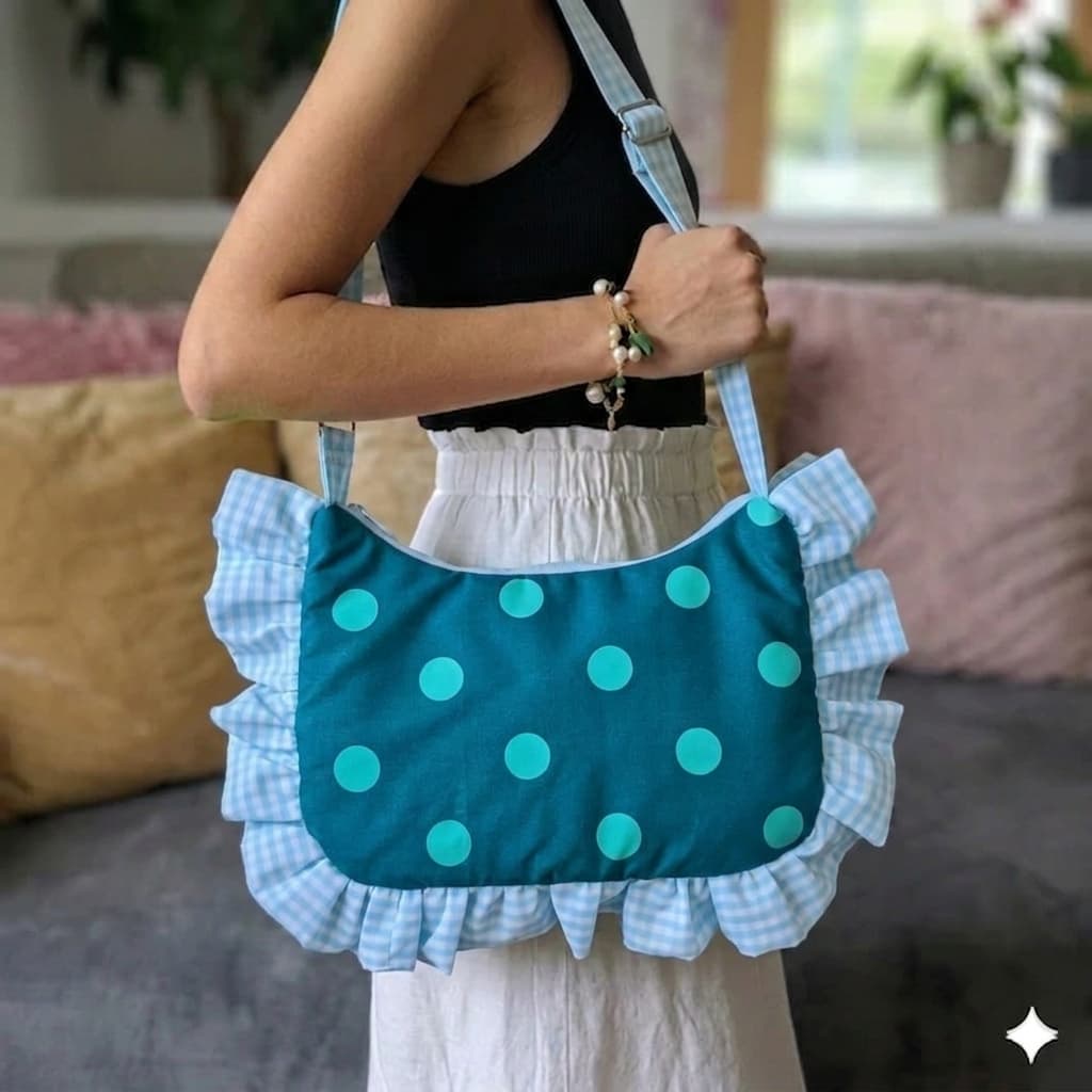 Bolso hobo con volantes lunares teal - vista frontal con modelo