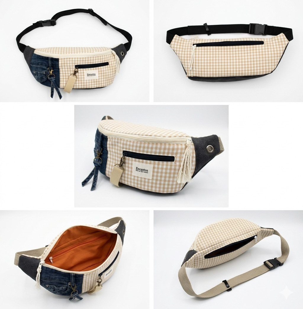 Riñonera Gingham Denim con diseño en mezclilla y patrón de cuadros gingham beige, cierre frontal y trasero, correa ajustable y detalles decorativos.