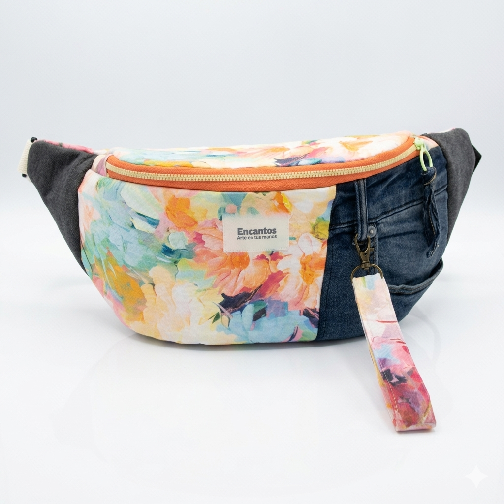 Riñonera Floral Denim con diseño colorido de flores y detalles en mezclilla, ideal para un look casual y moderno.