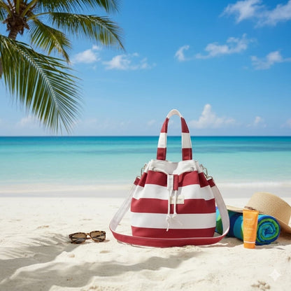 Bolso saco de rayas granate y blanco Encantos en la playa, con sombrero de paja, gafas de sol y toalla, fondo de mar turquesa