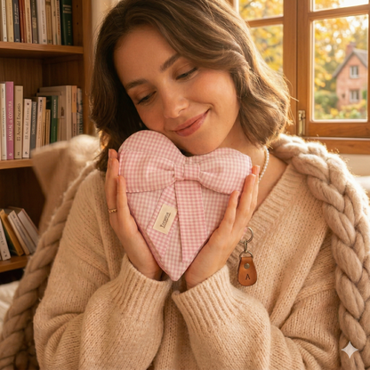 Mujer sonriente sostiene con ternura el Bolso Corazón Vichy Rosa con Lazo | Encantos en un entorno cálido y acogedor junto a una ventana y estantería con libros.
