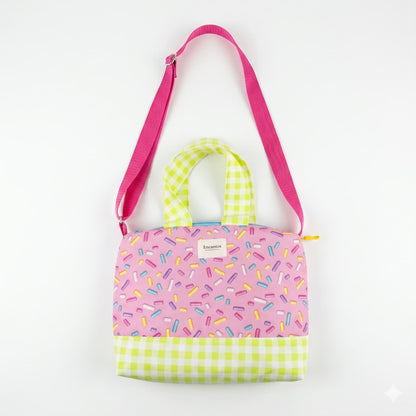 Bolso Colección Carolina Estampado Sprinkles Rosa artesanal, detalle del estampado | Encantos
