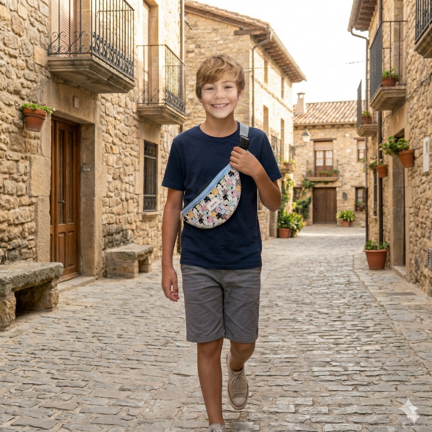 Niño sonriente caminando por calle empedrada con riñonera Gatitos | Encantos de colores y diseño divertido cruzada en el pecho.