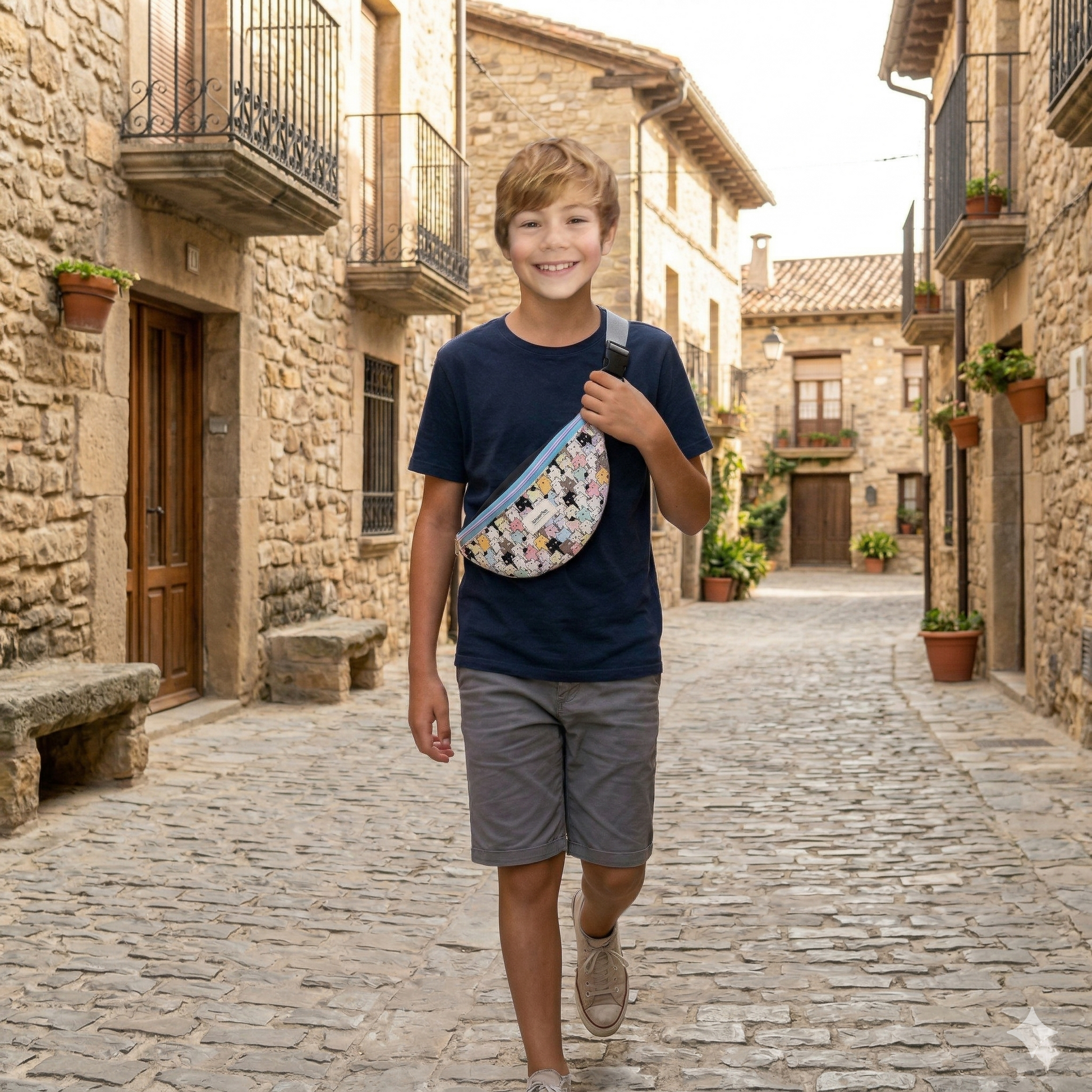 Niño sonriente caminando por calle empedrada con riñonera Gatitos | Encantos de colores y diseño divertido cruzada en el pecho.