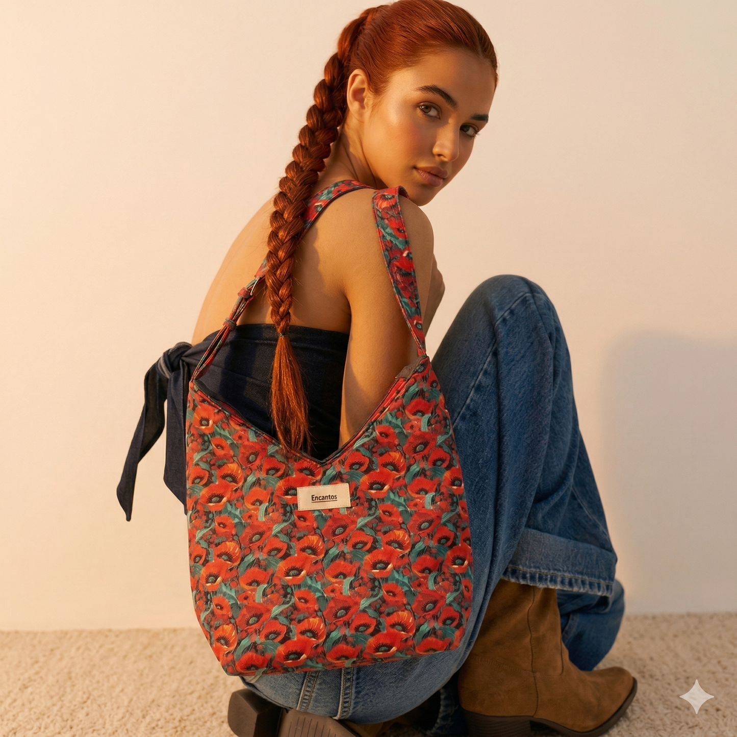 Mujer con trenza roja usando un Bolso Hobo Amapolas | Encantos estampado con flores rojas, combinado con outfit casual y botas marrones.
