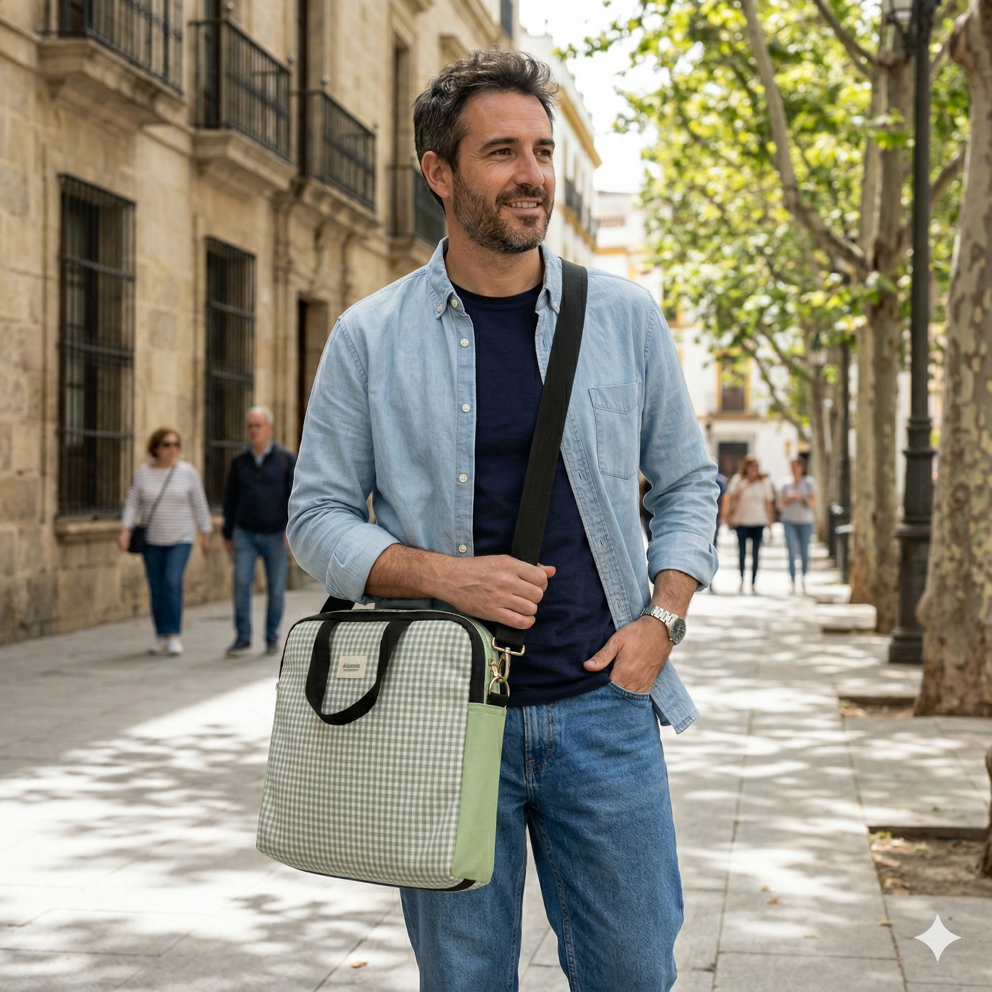 Hombre caminando en la calle con un Bolso Laptop Vichy Verde de patrón a cuadros y asa negra, combinado con ropa casual y fondo urbano soleado.