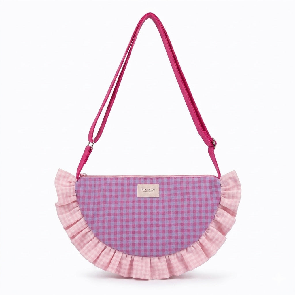 Bolso Media Luna Vichy Rosa y Morado con Volante - vista frontal