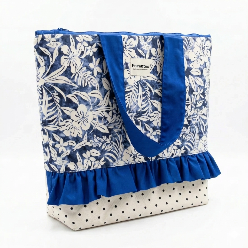 Bolso Tote Playa Azul Tropical con Volante, diseño floral azul y blanco con volantes y base de lunares, ideal para llevar en la playa o el día a día.
